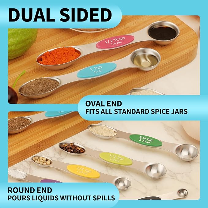 Magnetic Measuring Spoons Set of 9 with Leveler, Color-Coded Dual Sided Stainless Steel Measuring Spoon Set, Stackable Teaspoon and Tablespoon Set for Baking, Cooking, Kitchen Gadgets Dishwasher Safe - Image 8