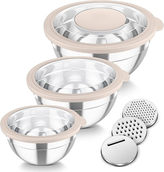 TeamFar Mixing Bowls, 3PCS Stainless Steel Serving Salad Bowls with Lids & 3 Graters, For Kitchen Mixing/Baking/Storing/Prepping, Visible & Airtight, Easy Clean - 4.5/3 / 1.5 QT, Khaki by TeamFar