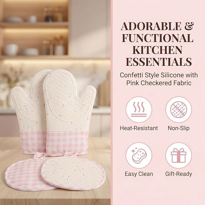Silicone Confetti Oven Mitts and Pot Holders Set, Heat Resistant Non-Slip Kitchen Baking Accessories with Cotton Lining, 4 Piece Matching Set for Cooking, Pink Gingham