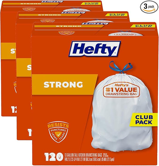 Hefty Strong White 13 Gallon Trash Bags with Drawstrings, Unscented Tall Kitchen Trash Bags, Resists Leaks, Punctures, and Tears, Durable Closure, 120 Ct. (Pack of 3)