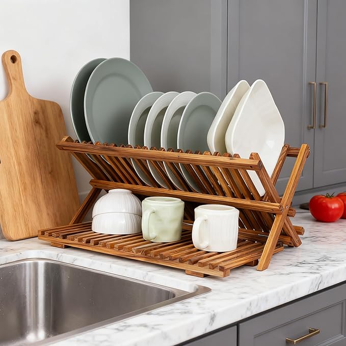 Utoplike Large Teak Dish Drying Rack, Wooden 3 Tier Collapsible Dish Draine for Countertop, Kitchen Organizer for Pasta Plates, Cups - Image 5