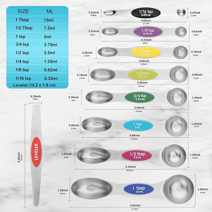 Magnetic Measuring Spoons Set of 9 with Leveler, Color-Coded Dual Sided Stainless Steel Measuring Spoon Set, Stackable Teaspoon and Tablespoon Set for Baking, Cooking, Kitchen Gadgets Dishwasher Safe - Image 2