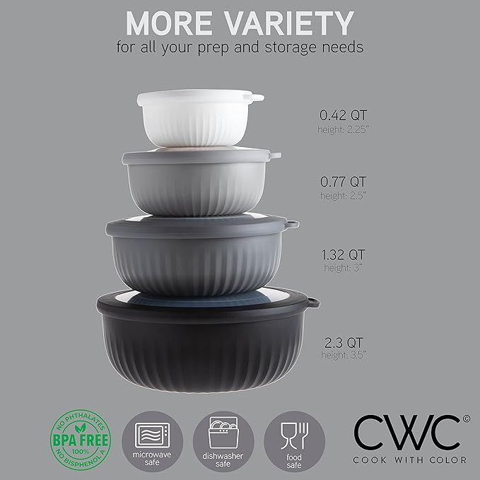 COOK WITH COLOR Prep Bowls with Lids- Wide and Deep Nesting Plastic Small Mixing Bowl Set with Lids, 8 Piece Set - Wide Bowls, Black/White - Image 2