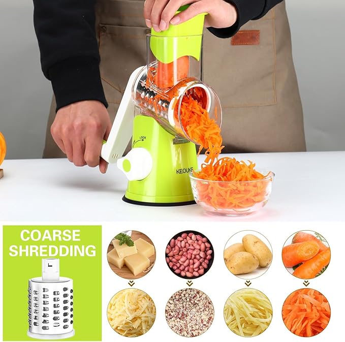 Cambom Rotary Cheese Grater Hand Crank Cheese Shredder for Fresh Cheese, Vegetable, Nuts,Non-slip Suction Base, Free Cleaning Brush Three Blades, Green - Image 3
