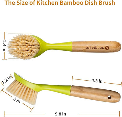 2 Pack Kitchen Dish Brush Bamboo Handle Dish Scrubber Built-in Scraper, Scrub Brush for Pans, Pots, Kitchen Sink Cleaning, Dishwashing and Cleaning Brushes are Perfect Cleaning Tools, Color-Green - Image 6