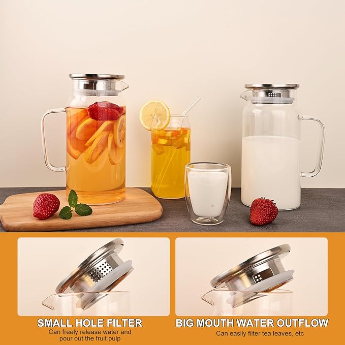 Set of 2 Glass Pitcher with Lid, 1200ml Leak Proof,Glass Water Jugs, BPA-Free,Microwave & Dishwasher Safe Pitcher,Sun & Iced Tea, Sangria,Cold Brew Coffee & More - Image 5