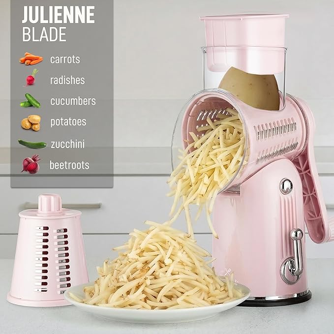 Zulay Kitchen Rotary Cheese Grater 5 Blade Cheese Shredder - Manual Hand Crank Cheese Grater With Reinforced Suction & 5 Interchangeable Drums - Easy to Use, Vegetable Chopper Round Mandoline Slicer - Image 7