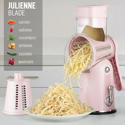 Zulay Kitchen Rotary Cheese Grater 5 Blade Cheese Shredder - Manual Hand Crank Cheese Grater With Reinforced Suction & 5 Interchangeable Drums - Easy to Use, Vegetable Chopper Round Mandoline Slicer - Image 7