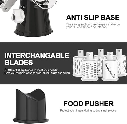 Cambom 5 in 1 Rotary Cheese Grater Hand Crank Cheese Shredder for Fresh Cheese, Vegetable, Nuts,Non-slip Suction Base, Black - Image 7