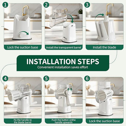 The CoveCarol rotary cheese grater comes with 5 blades and 3 tools: a round mandolin slicer and a food shredder. Suitable for fruits, vegetables, nuts, etc., it includes a blade storage box. (White)
