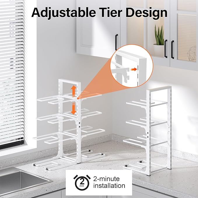 MUDEELA 8-Tier Pots and Pans Organizer under Cabinet, Heavy Duty Adjustable Pot Pan Organizers inside Cabinet, Kitchen Cabinet Organizers and Storage Pot Rack for Big Stockpots, Heavy Cookware, White - Image 5