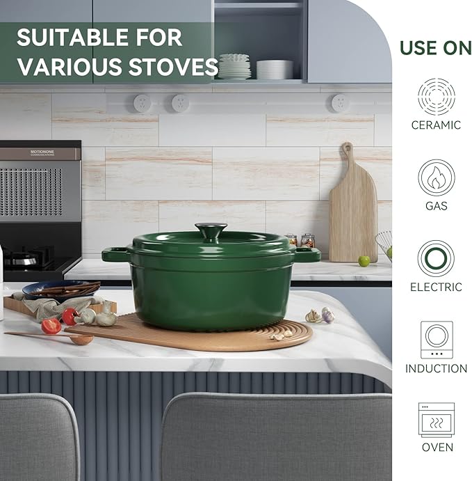 Miereirl 6.5 Quart Enameled Dutch Oven Pot with Lid, Cast Iron Dutch Oven with Dual Handles for Bread Baking, Cooking, Non-stick Enamel Coated Cookware (Green) - Image 3