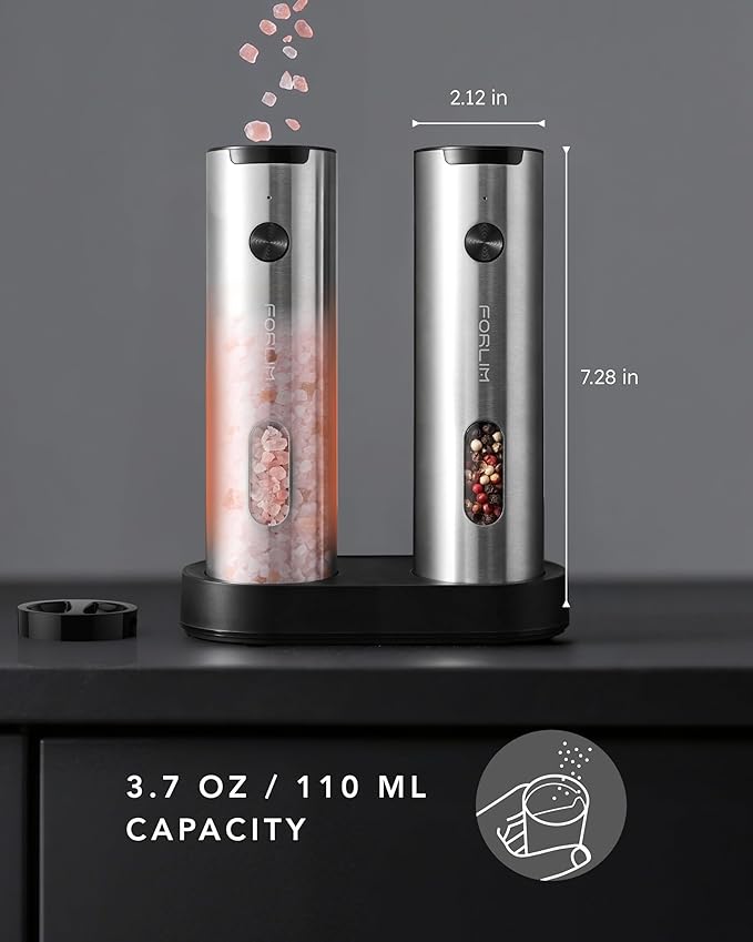 FORLIM Electric Salt and Pepper Grinder Set Rechargeable, Auto Salt and Pepper Grinder set with Charging Base, Adjustable Coarseness, LED Light, Automatic Salt Grinder Refillable,Pepper Shakers Set - Image 6