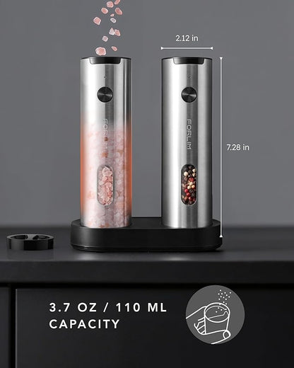 FORLIM Electric Salt and Pepper Grinder Set Rechargeable, Auto Salt and Pepper Grinder set with Charging Base, Adjustable Coarseness, LED Light, Automatic Salt Grinder Refillable,Pepper Shakers Set - Image 6