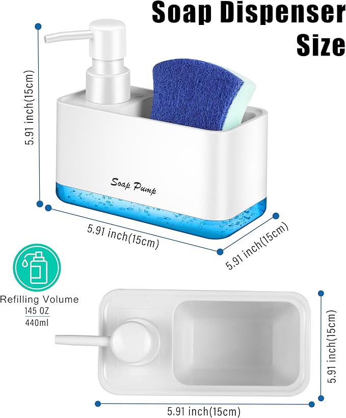 Dish Soap Dispenser with Sponge Holder, 2-in-1 Countertop Small Soap Dispenser for Kitchen and Bathroom, Multi-Scene for Dish Soap, Hand Soap, Lotion, Body Wash (White) - Image 4