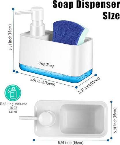 Dish Soap Dispenser with Sponge Holder, 2-in-1 Countertop Small Soap Dispenser for Kitchen and Bathroom, Multi-Scene for Dish Soap, Hand Soap, Lotion, Body Wash (White) - Image 4