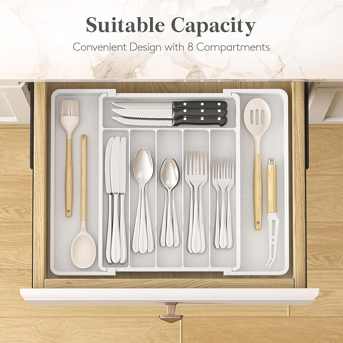 Lifewit Silverware Drawer Organizer, Expandable Utensil Tray for Kitchen, BPA Free Flatware and Cutlery Holder, Adjustable Plastic Storage for Spoons Forks Knives, 10.9"-17.5" x 13.7", White - Image 3