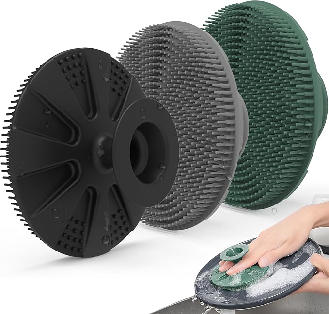 Silicone Sponge 3 Pack, BEAUTAIL Non-Scratch Scrub Sponges, for Washing Dishes and Cleaning Kitchen, Long Lasting and Reusable Dishwashing Scrubber, Suction Up Hang Designed, Black+Olive Green+Gray by BEAUTAIL