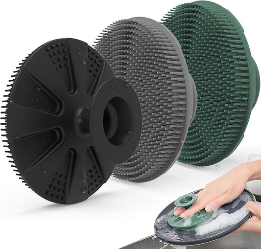Silicone Sponge 3 Pack, BEAUTAIL Non-Scratch Scrub Sponges, for Washing Dishes and Cleaning Kitchen, Long Lasting and Reusable Dishwashing Scrubber, Suction Up Hang Designed, Black+Olive Green+Gray by BEAUTAIL
