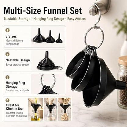 Stainless Steel Funnels Set Kitchen Funnels 3 Piece Set Small Medium Large Black Funnel for Dry Ingredients for Liquids (Black-with Brush) - Image 3