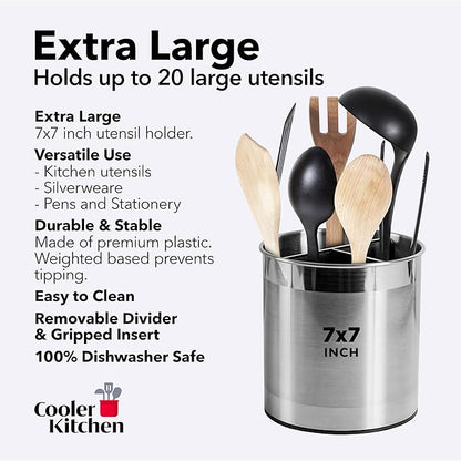 Cooler Kitchen Rotating Extra Large Stainless Steel Utensil Holder Caddy with Sturdy No-Tip Weighted Base, Removable Divider, and Gripped Insert Bottom -Dishwasher Safe Metal Cooking Utensil Holder - Image 5