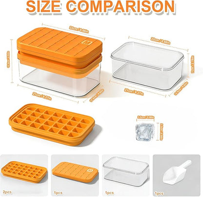 Effortless Ice Cube Tray, One-Second Release Ice Maker with Large Storage Bin and Ice Scoop, 2-Pack Stackable Silicone Trays Makes 56 Cubes, Odor-Free & Space-Saving for Cocktails & Coffee