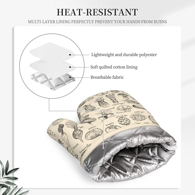 Vegetable Silicone Oven Mitts Pan Mats Set of 2, Heat Resistant Gloves Potholder with Non-Slip Grips Hanging Loops Pot Holder, Spring Summer for Chef Cooking, Baking, Grilling, BBQ