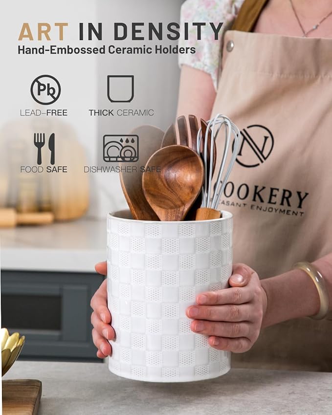 Nucookery 6.4'' Utensil Holder - Ceramic Utensil Holder for Kitchen Counter, Large Capacity Countertop Storage, Farmhouse Style Utensil Crock Organizer for Spoons, Spatulas & Cooking Tools - Image 3