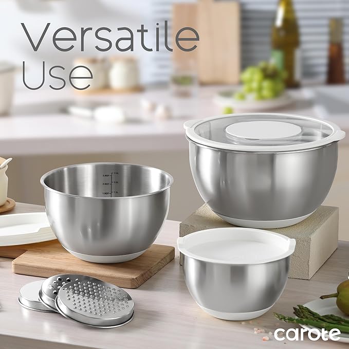 CAROTE Stainless Steel Mixing Bowls with Lids Set,12 Pcs Nesting Bowls Clear Airtight Lids 3 Grater Attachments,Non-Slip Bottoms & Measurement Marks Mixing Bowls,Size 5,3,2,1.5,1QT - Image 6