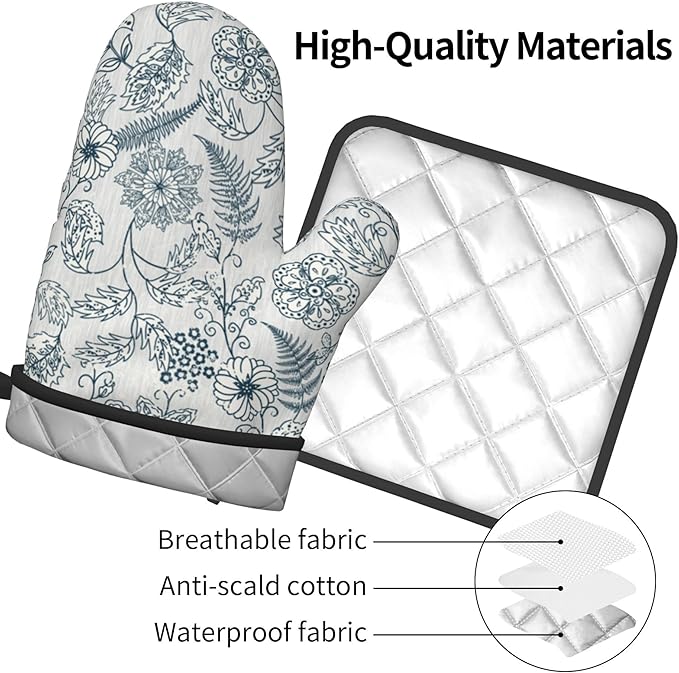 Blue Floral Oven Mitts Set – Vintage Pot Holders Kitchen Gloves for Women Teal Plant Kitchen Mitts Potholders Set of 2 for Cooking & Baking - Image 4