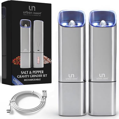 Automatic Salt and Pepper Grinder Set - Rechargeable Electric Salt and Pepper Shakers with Adjustable Coarseness, LED Light, One-Handed Use, Gravity Salt Grinder and Electric Pepper Mill by urbannoon
