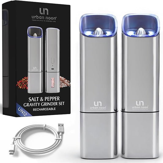 Automatic Salt and Pepper Grinder Set - Rechargeable Electric Salt and Pepper Shakers with Adjustable Coarseness, LED Light, One-Handed Use, Gravity Salt Grinder and Electric Pepper Mill by urbannoon