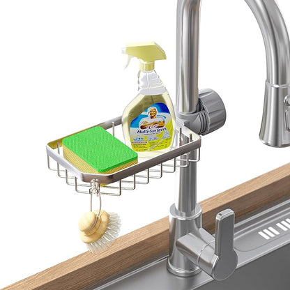 LONIN Stainless Steel Kitchen Sink Organizer Caddy – Over Faucet Sponge & Brush Holder, Rust-Resistant, Adjustable Universal Fit Faucet Rack, Quick Drain Sink Space Saver by LONIN
