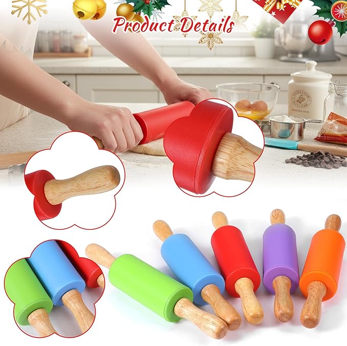 10 Pcs Mini Rolling Pin, 9 Inch Small Silicone Rolling Pin for Baking Non Stick Dough Roller with Wooden Handle 5 Colors for Kitchen Cookie Pastry Fondant Cake