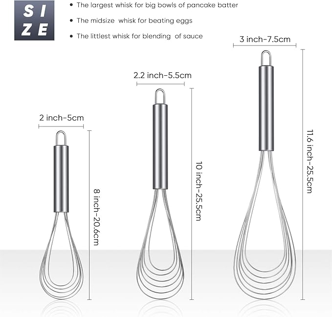 Patelai 3 Pieces Stainless Steel Kitchen Flat Whisk Set Stainless Steel Flat Wire Egg Utensils Whisk for Cooking Blending Whisking Beating(8 Inch,10 Inch,11.6 Inch) - Image 2