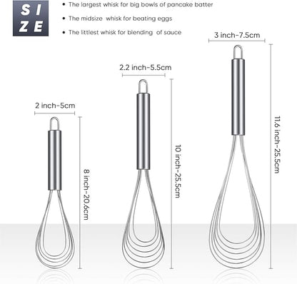Patelai 3 Pieces Stainless Steel Kitchen Flat Whisk Set Stainless Steel Flat Wire Egg Utensils Whisk for Cooking Blending Whisking Beating(8 Inch,10 Inch,11.6 Inch) - Image 2