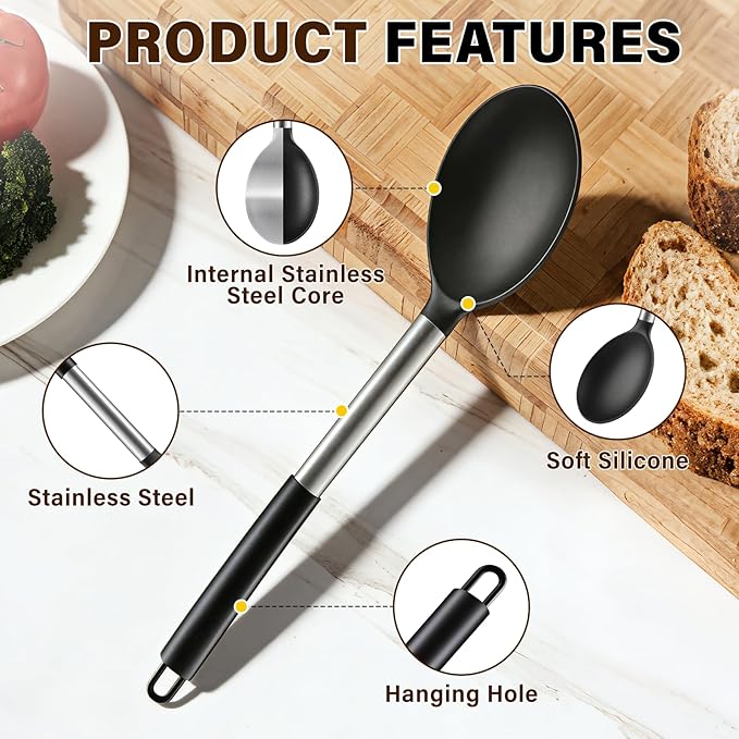 3 Pcs Silicone Cooking Spoon Set, Kitchen Utensils Include Solid & Slotted Spoon, Soup Ladle, Food-Grade Heat Resistant, Non-Scratch Spoons for Serving, Stirring, Draining, Dishwasher Safe, Black - Image 3