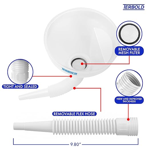 Automotive Flex Funnel with Hose | Wide Mouth Flexible Oil Funnel for Automotive Use - Gas, Transmission Fluid, Car Fuel, Oil Change (White) - Image 4