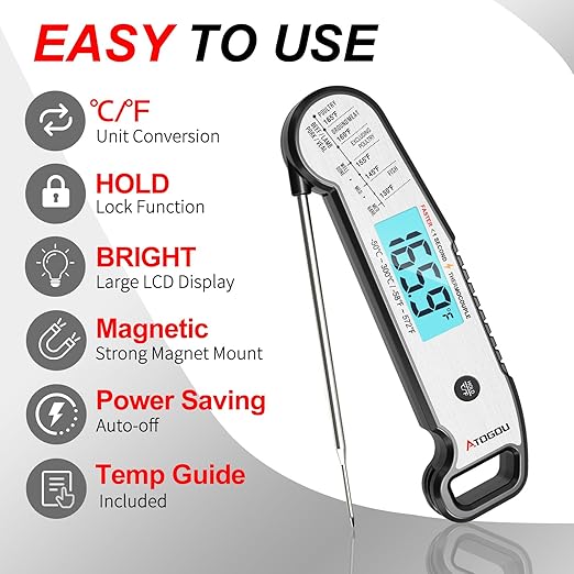 Atogou Meat Thermometer, Professional Food Thermometer, <1 Sec Instant Read, ±0.5℉ Accuracy, Thermocouple Sensor, Waterproof Digital Thermometer for Cooking, BBQ, Grill, Him Dad Birthday Gifts, Silver - Image 7