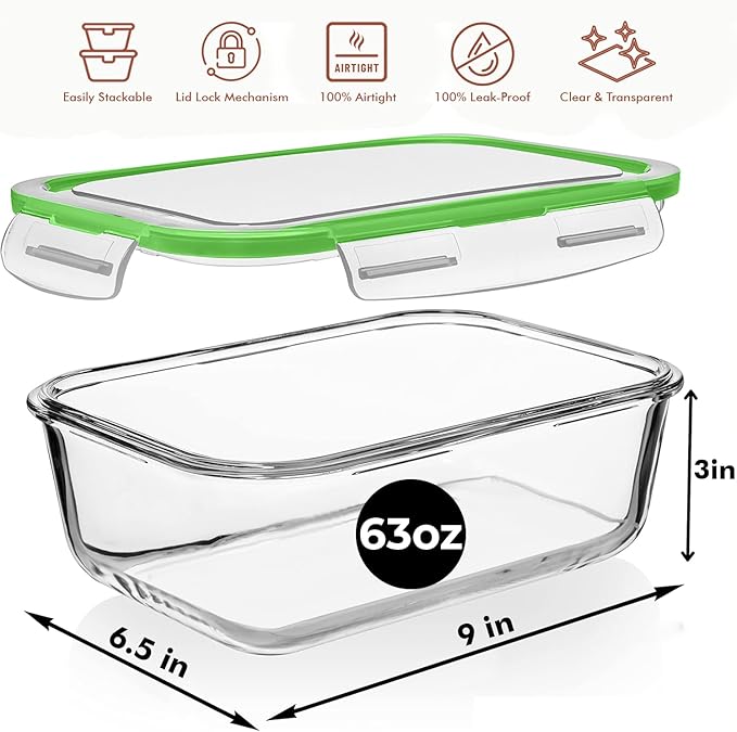 Razab 4 PC 1860ml / 63 Oz / 8 Cups Large Glass Food Storage Containers with Lids - Glass Meal Prep Containers for Roasting & Storing Leftover, Lunch Container with Lids, Microwave & Oven Safe - Image 3