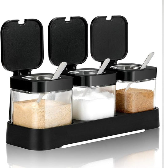 Mlici Condiment Jar Spice Container with Lids and Spoons, 8.6oz Clear Glass Condiment Canisters Pots Seasoning Box Salt Container Sugar Bowl Set of 3 for Kitchen, Containers, Black by Mlici