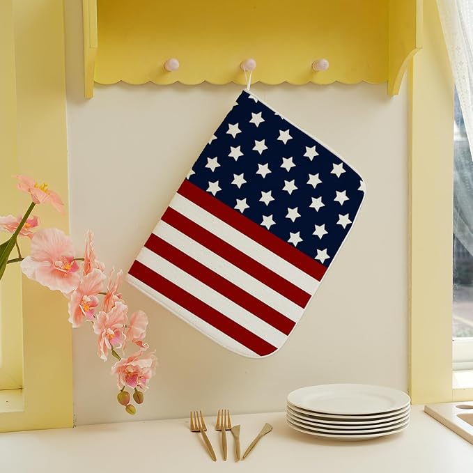 4th of July Dish Drying Mat 18 x 24 Inch Patriotic Red Stripe Navy Blue Stars Drying Mat for Kitchen Counter Absorbent Independence Day Memorial Day Dishes Dry Pad for Drainer Rack Kitchen Fast Dry