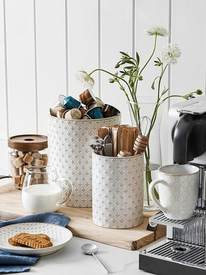 LE TAUCI Utensil Holder for Kitchen Counter - 7.1" Large Ceramic Kitchen Utensil Holder, Embossed Cooking Utensil Crock for Spatula, Spoon - Farmhouse Kitchen Decor & Organizer, White, Clover - Image 2
