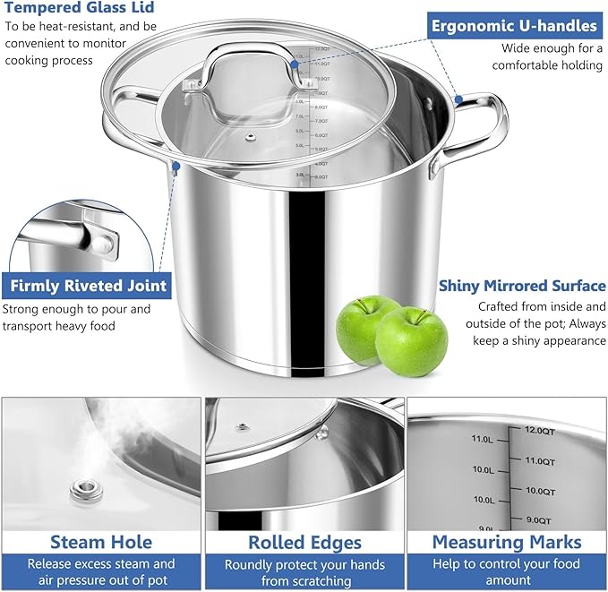 P&P CHEF 12 QT Stock Pot with Lid, Stainless Steel Large Cooking Pot, Soup Canning Stockpot for Stewing Simmering, Tri-ply Bottom for All Stoves, Heavy-Duty &Dishwasher Safe & Food-Grade - Image 3