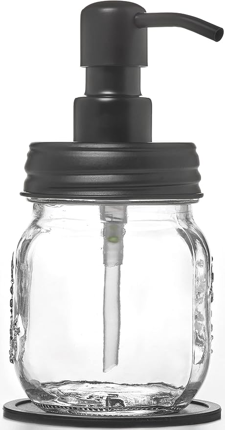 Mason Jar Soap and/or Lotion Dispenser with Gloss Black Pump Dispenser and Non Slip Coaster for Hand Sanitizer, Liquid Soap or Hand/Body Lotion (Gloss Black, 12oz &16oz)