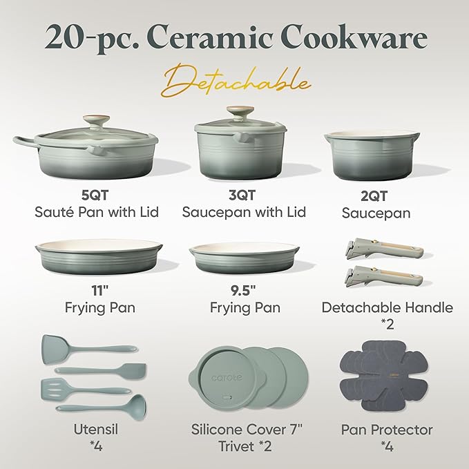 CAROTE 20Pcs Titanium Cookware Set, Pots and Pans Set Non Stick, Kitchen Cooking Set with Detachable Handle, Non Toxic Induction Cookware, Dishwasher/Oven Safe - Image 2
