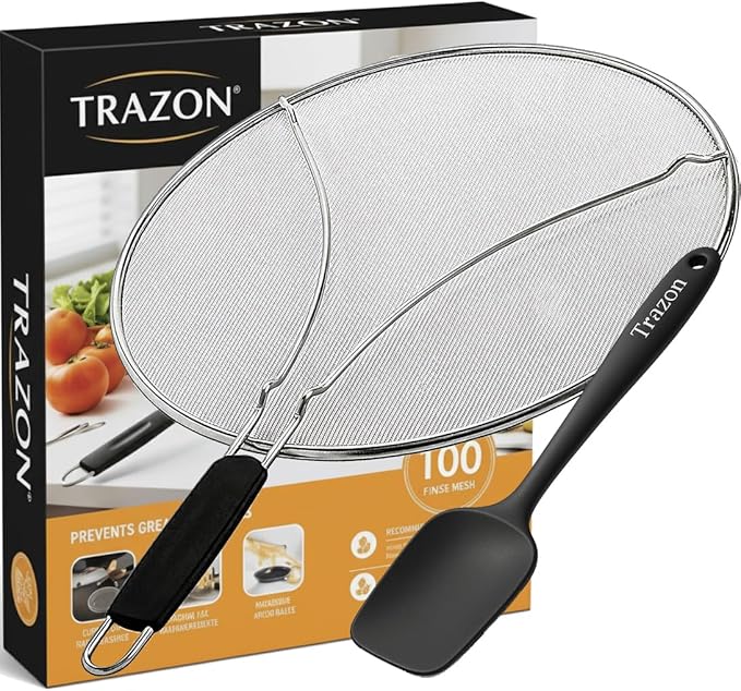 Grease Splatter Screen for Frying Pan 13 inch - Stops 99% of Hot Oil Splash - Protects Skin from Burns - Splatter Guard for Cooking - Iron Skillet Lid Keeps Kitchen Clean, includes Silicone Spatula by TrazonProducts