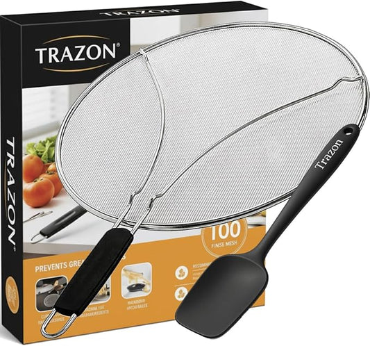 Grease Splatter Screen for Frying Pan 13 inch - Stops 99% of Hot Oil Splash - Protects Skin from Burns - Splatter Guard for Cooking - Iron Skillet Lid Keeps Kitchen Clean, includes Silicone Spatula by TrazonProducts