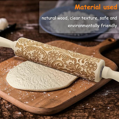 Embossed Wooden Rolling Pin, Embossing Rolling Pin for Baking Fondant, Pizza, Pie, Pastry, Pasta, Dough, Cookies, Suitable Christmas, Father and Mother's Gift