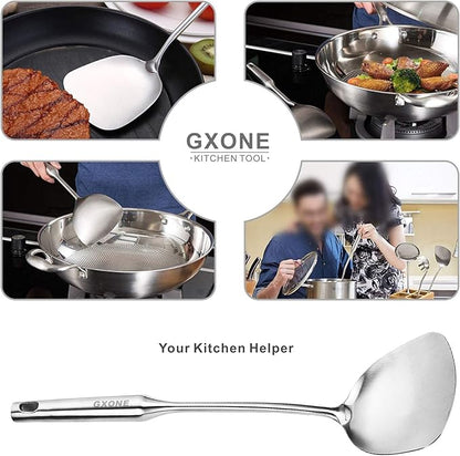 Wok Spatula Stainless Steel, Wide Metal Spatula with Hollow Long Handle Wok Utensils,Silver/14.7Inch - Image 4